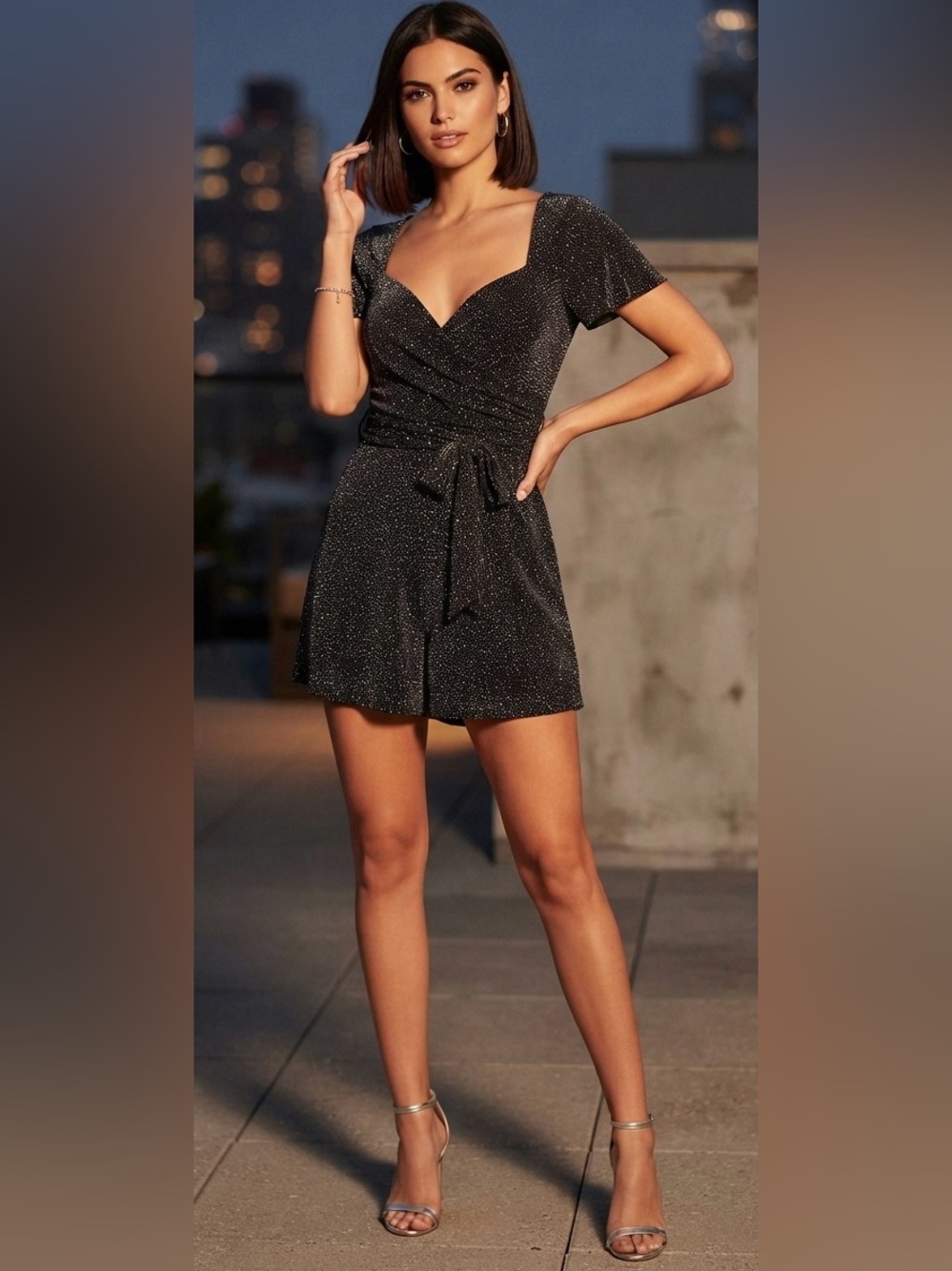 Express Black Polka Dot Short Sleeve Wrap Romper